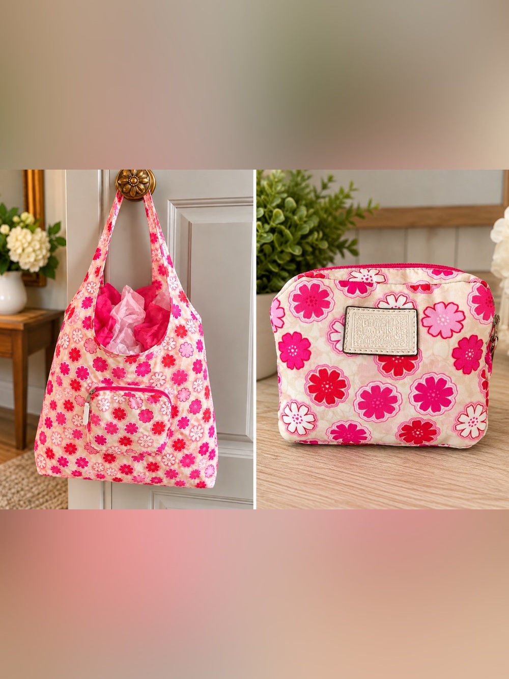Coach Poppy Pink Floral Packable Folding Tote Bag + Zip Pouch Y2K
